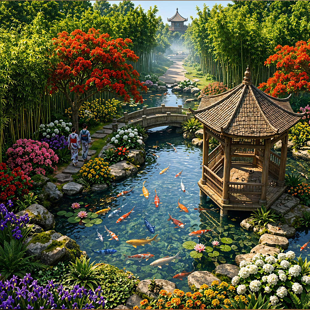 Koi bridge and garden water feature